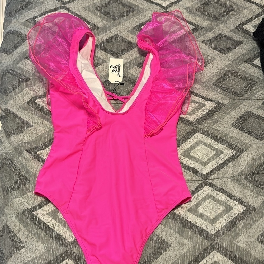 SPORLIKE Neon Pink Mesh Ruffle One Piece Swimsuit - Picture 8 of 8